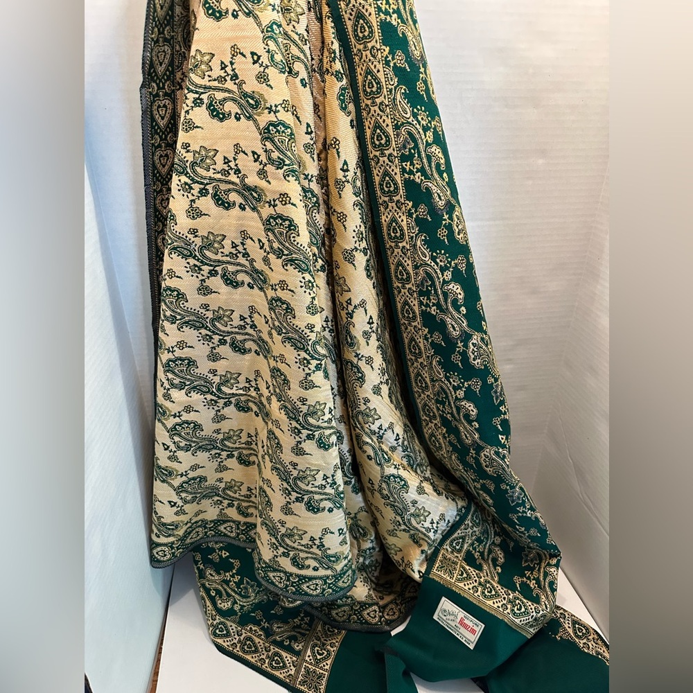 Green and Cream Paisley and Spade Shawl Large Wrap 37 x 80inches